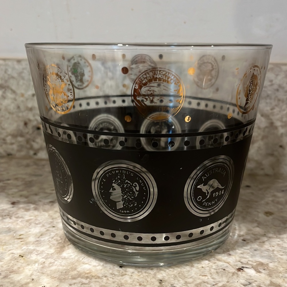 Vintage glass black and gold coin ice bucket or large bowel